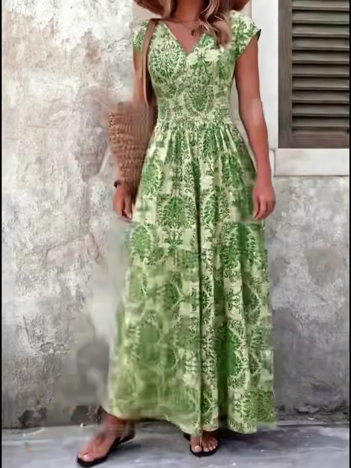 Women'S Bohemian Print Maxi Dress - V-Neck, Long Sleeve